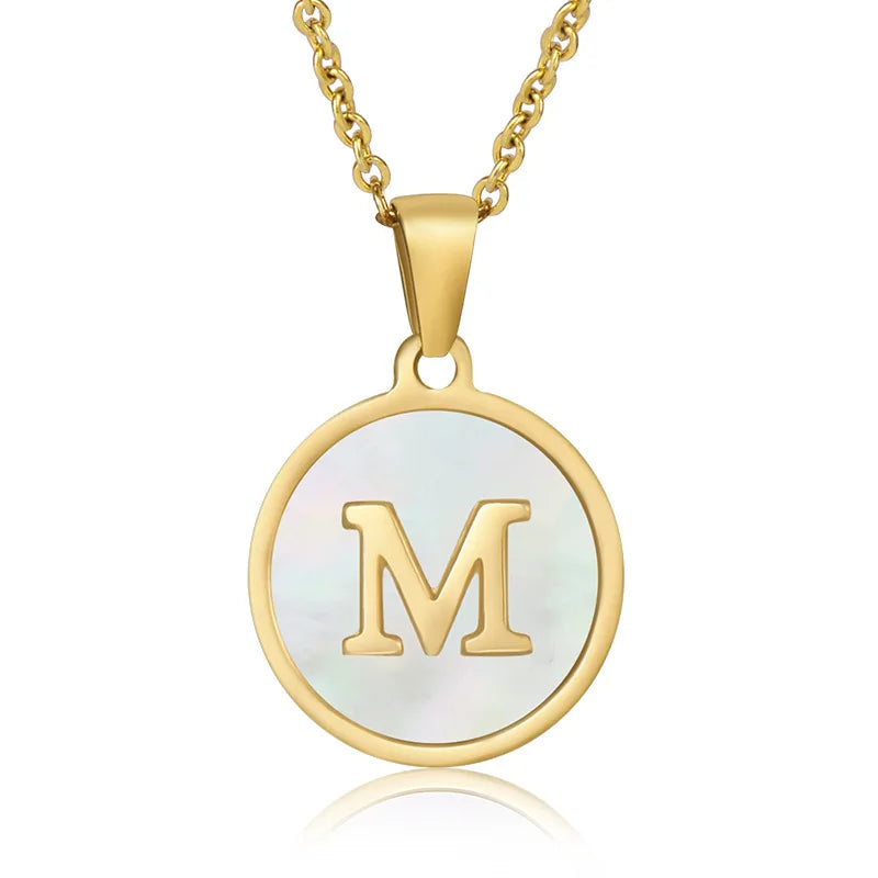 ViviBelle Round Shell Initial Pendant Necklace 18K Gold