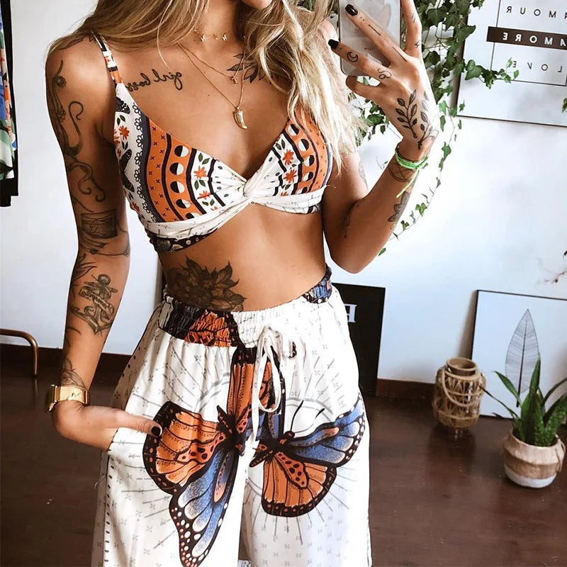 ViviBelle Bohemian Floral V-Neck Two-Piece Set