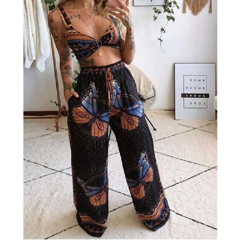 ViviBelle Bohemian Floral V-Neck Two-Piece Set