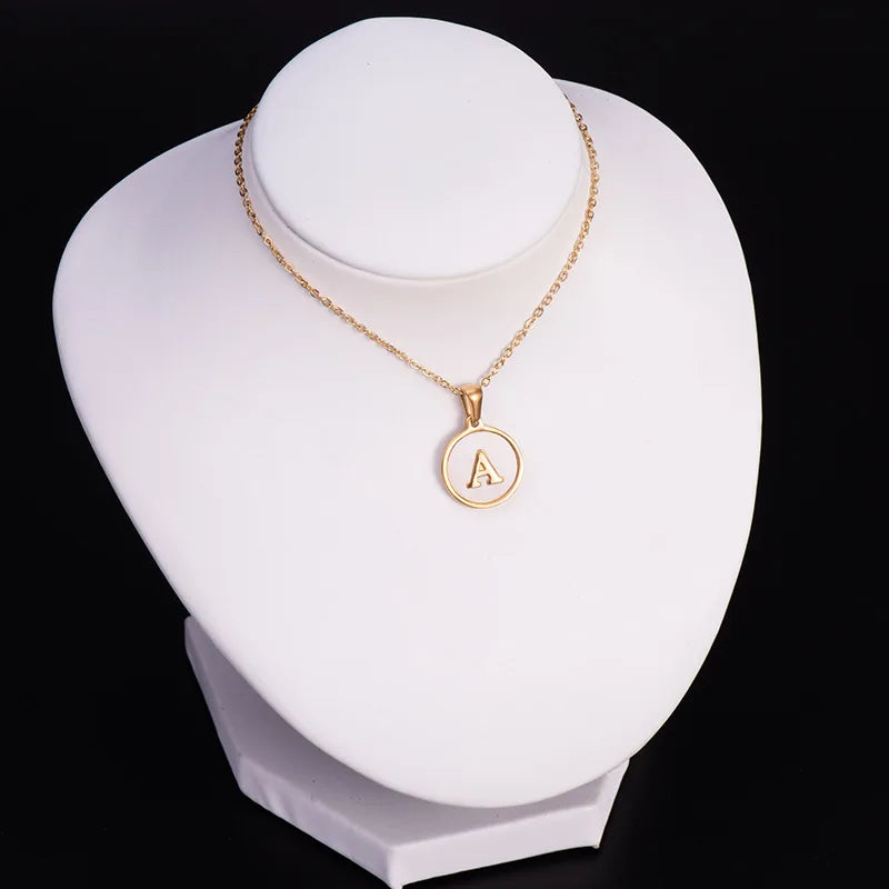 ViviBelle Round Shell Initial Pendant Necklace 18K Gold