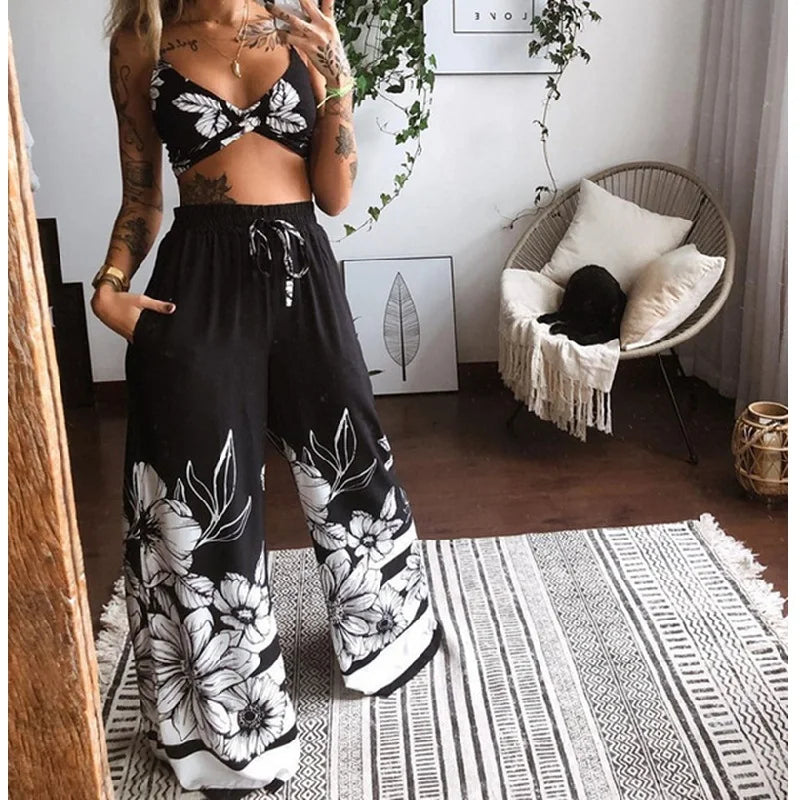 ViviBelle Bohemian Floral V-Neck Two-Piece Set