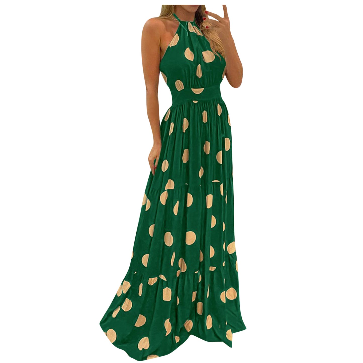 ViviBelle Tropical Print Halter Backless Maxi Dress