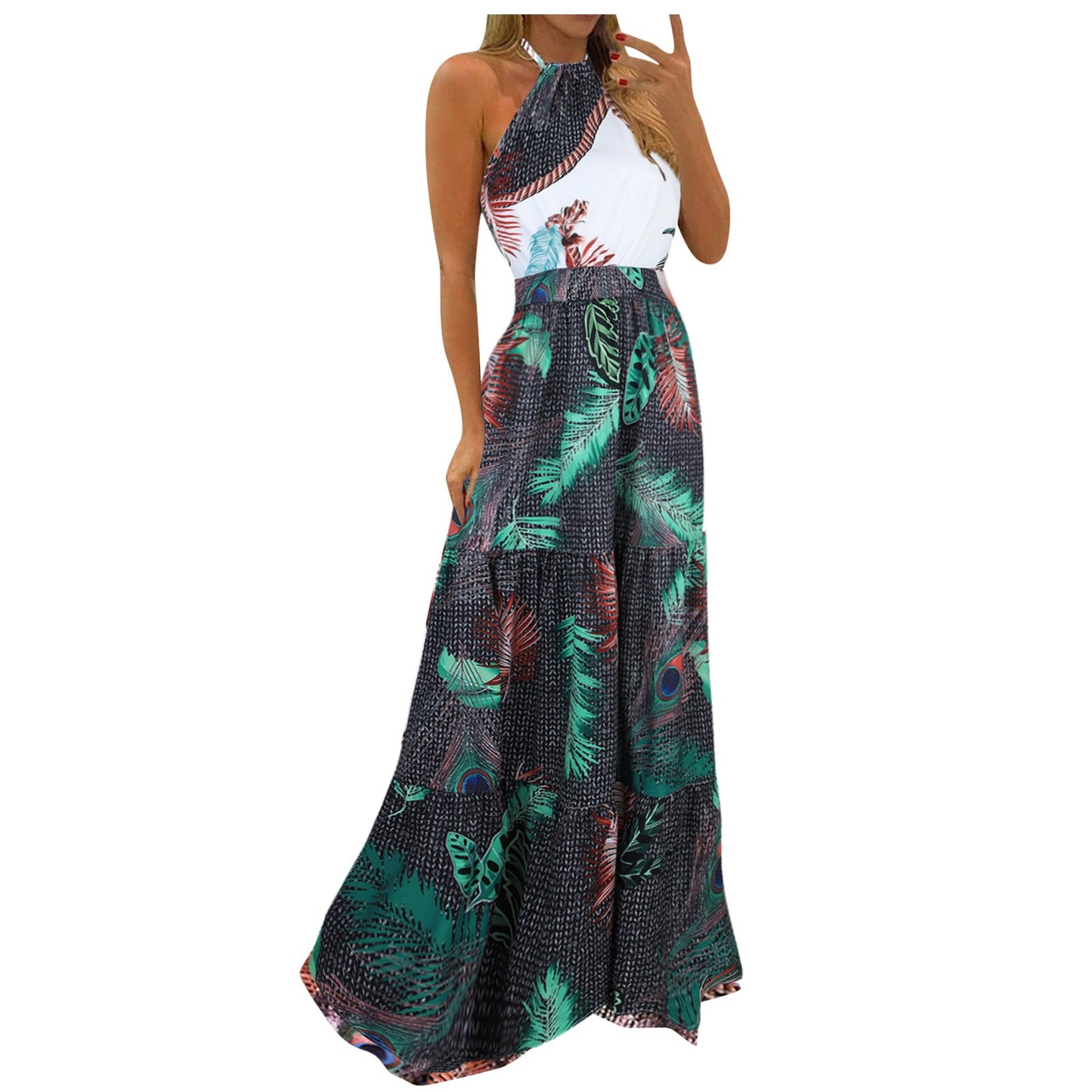 ViviBelle Tropical Print Halter Backless Maxi Dress