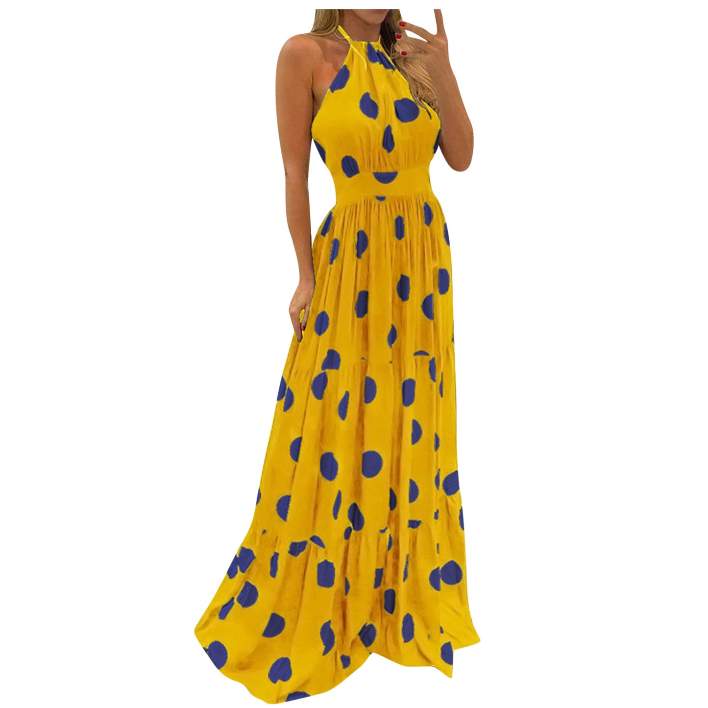 ViviBelle Tropical Print Halter Backless Maxi Dress